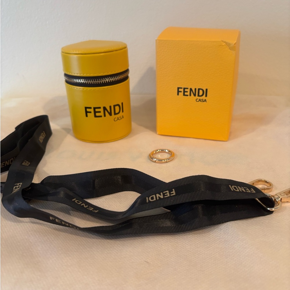 Fendi Yellow Leather Case with Black Branded Lanyard and Gold Ring